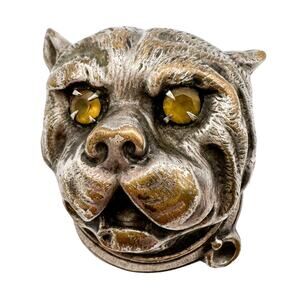 Antique Bulldog Brooch Pin Unger Bros Victorian Silver Plated Yellow Paste Eyes